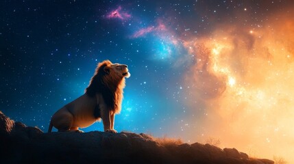 Wall Mural - a majestic lion with a flowing mane sits on a rocky outcrop against a backdrop of a starry night sky