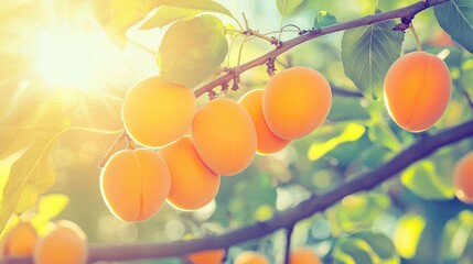 Sticker -   A photo shows an apricot tree with sunbeams filtering through the foliage, and ripe apricots hanging from branches