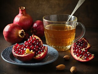 Wall Mural - Pomegranates and honey for Rosh Hashanah, traditional Jewish New Year foods.