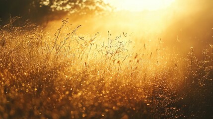 Poster -   A field full of tall grass, with the sun shining through trees, and the grass blowing in the foreground