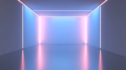 Wall Mural - a minimalist 3d of an empty room featuring vibrant blue and pink neon lines on the walls and ceiling