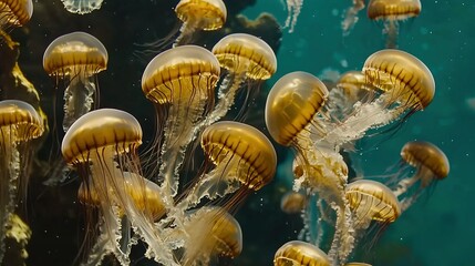   Yellow jellyfish swim in blue-green water with bubbles; water bubbles at bottom