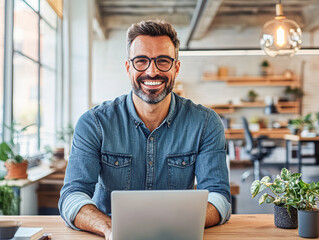 Poster - A man is sitting at a desk with a laptop in front of him