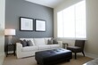 © Nima - A modern living room with a gray accent wall, white sofa, black coffee table, and large window with white blinds. The room is decorated with minimalist artwork and a floor lamp. It creates a calming a