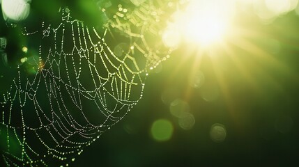 Wall Mural -   A close-up of a spider web glowing with the sun behind it in the background