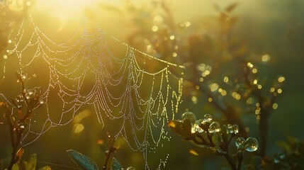 Wall Mural -   A macro photo of a spider web on a leaf with moisture droplets and the sun shining behind