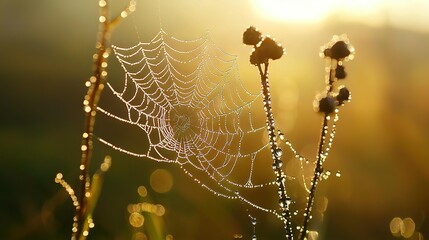 Wall Mural -   A close-up of a spider web on a plant, with dewdrops glistening on the dewdrops on the spider web