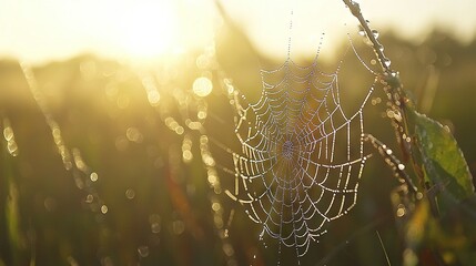 Wall Mural -   Spider web in grass, sunlight shining through dewed droplets