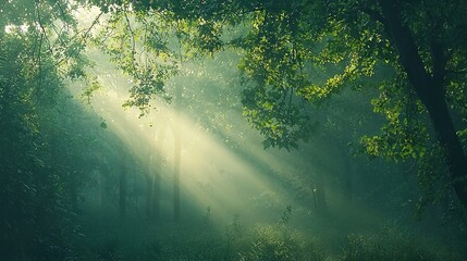 Sticker -  A lush green forest under a radiant sky, with sunlight filtering through the tall treetops