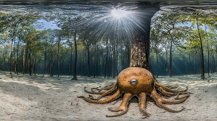 Wall Mural -   A photo of an eerie tree amidst a dense forest, with a peculiar object in the foreground