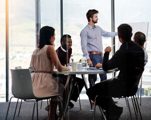 Poster - Discussion, research and team director planning project with whiteboard, collaboration and ideas. Boardroom, diversity and business people for erp, workshop and presentation in meeting in office