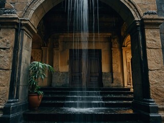 Wall Mural - Rain cascading down an ornate stone structure.