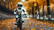 © florynstudio3 - A white humanoid robot rides a bicycle down a path lined with autumn leaves.
