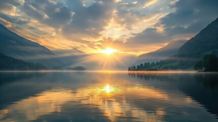 Canvas Print -   A vast expanse of water surrounded by majestic mountains, with the sun casting its golden rays onto the horizon and wispy clouds above