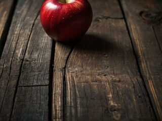 Red apple positioned on timber, with space for text or additional design elements.