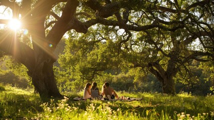 Canvas Print - Friends Enjoying a Picnic Under a Large Tree