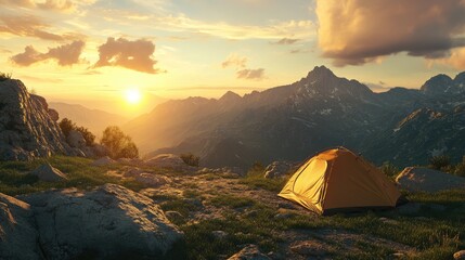Wall Mural - Tent in mountain landscape with sunset. This image can be used for websites, travel blogs, or social media posts.