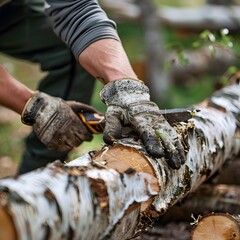 Closeup of a Man's Hand in a Work Glove Cutting a Birch Log