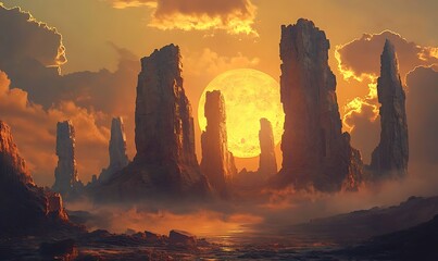 Sticker - A large, glowing moon hangs between towering rock formations in a fantasy landscape at sunset.