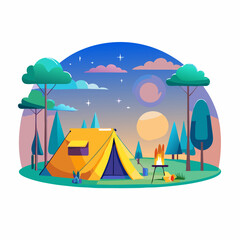 Wall Mural - Camping place cartoon composition with yellow tent lamp pot with dinner on fire night sky illustration (10)