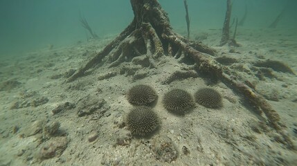   A cluster of sea urchins beneath an ocean floor tree stump