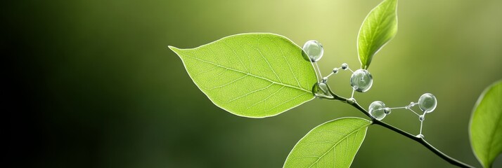 A single, vibrant green leaf with dew drops resembling scientific molecular structures. This image symbolizes the interconnectedness of nature, scientific discovery, and the beauty found in the natura