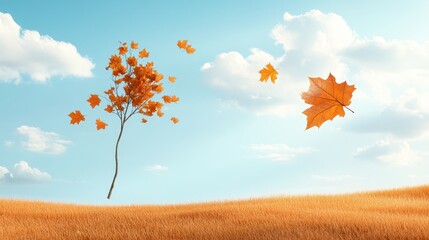 a single tree stands tall in a field of golden grass, its leaves turning vibrant shades of orange an