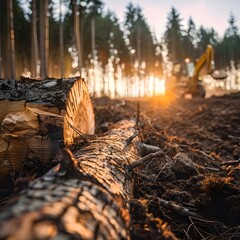 Wall Mural - sunlit forest clearing with cut logs and machinery in the distance