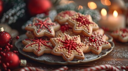 Christmas many cookies on a plate with decorations around them