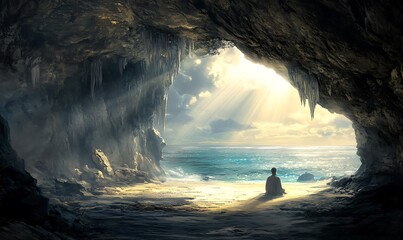 Poster - A Solitary Figure Contemplating the Ocean from a Cave Entrance