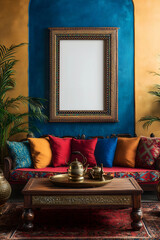 Wall Mural - A vibrant Moroccan-style living room with a front-facing perspective. One large, white photo frame on the wall. Mockup for photos and art.