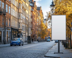 Autumnal Street Scene with Blank Billboard and Cobblestone Road Stockholm Perspective