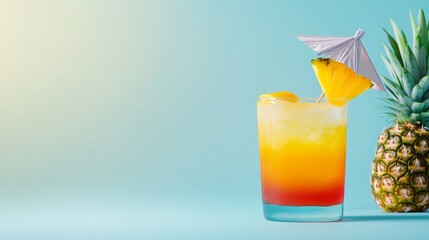 A vibrant tropical cocktail with layers of colorful liquids, garnished with a pineapple wedge and a paper umbrella. This refreshing drink symbolizes relaxation, summer fun, tropical destinations, and 