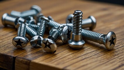 Shiny metal screws on wood, focused on the star-shaped design of the screw heads.