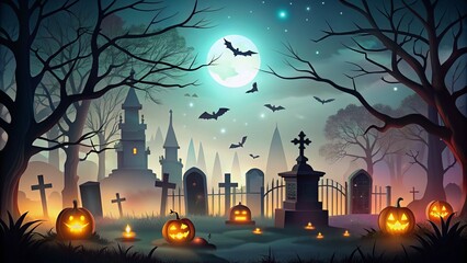 Wall Mural - Halloween Vector Scenes Mood Creepy Style Dark Colors and Flickering Lights Scary Concept Cemetery