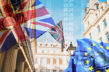 Great Britain flag, stock market graphic background on financial market, 10 downing street