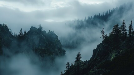 Wall Mural -  A hazy mountain landscape featuring pine trees in the foreground and low-lying clouds in the sky background