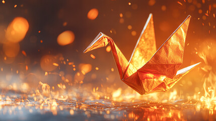 Poster - A paper origami bird is flying over a fire