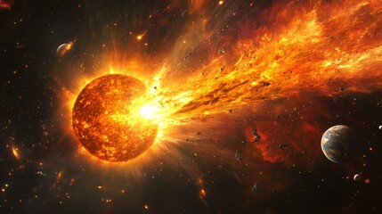 Wall Mural - A fiery explosion in space with a blazing sun-like object and a debris field.