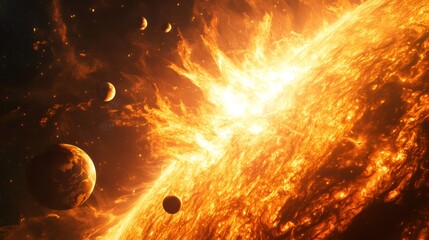 Wall Mural - A fiery sun erupts with a solar flare, casting light across a solar system of planets.