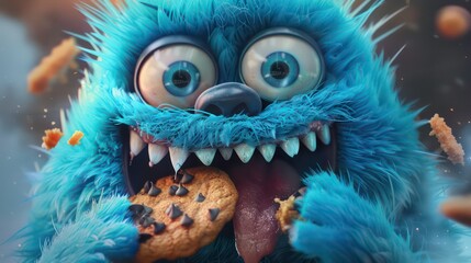 A blue furry monster with big eyes and sharp teeth happily bites into a chocolate chip cookie.