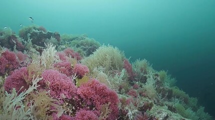   Underwater view of corals and seaweed on the ocean floor, with a scuba boat in the background