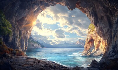 Sticker - Cave Entrance Reveals Coastal Scene With Sunlit Sky