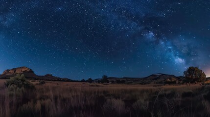 Wall Mural - a panoramic view of the milky way galaxy stretching across the night sky above a dark, flat desert l