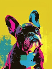 Pop Art French Bulldog Portrait in Bright Colors. Vibrant French Bulldog Illustration on Yellow Background