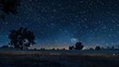 © florynstudio3 - A vast, star-filled night sky over a field with trees silhouetted against the horizon. The Milky Way stretches across the sky, illuminating the landscape with a soft, ethereal glow.