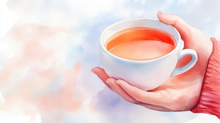 Wall Mural - A hand holding a cup of tea with watercolor background, AI