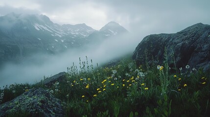 Wall Mural -   A field of wildflowers on a mountain side with a low cloud in the background