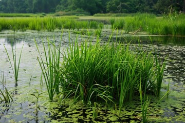 Wall Mural - A small patch of green grass is growing in a pond, generative ai image