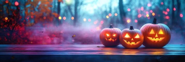 Jack O' Lanterns Glowing In Fantasy Night. Halloween Background